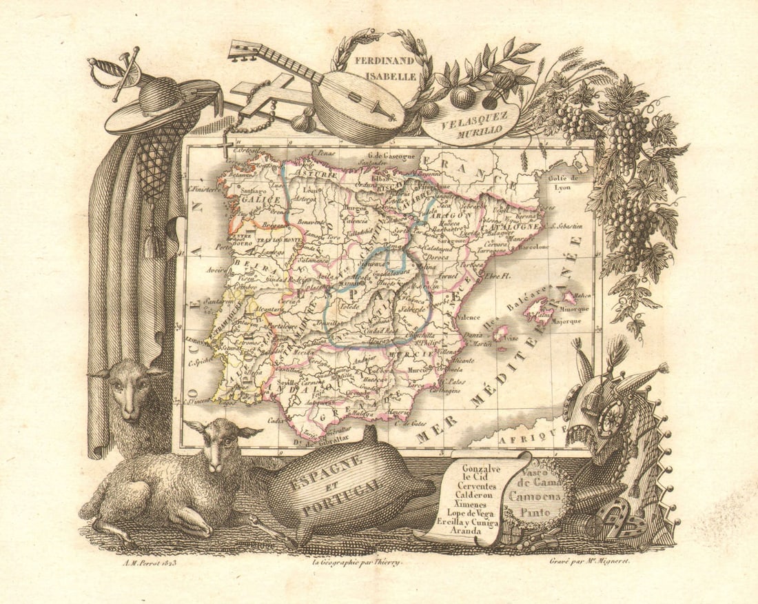 Espagne et Portugal' by Aristide Michel Perrot. Iberia Spain 1823 old map: Title: Espagne et Portugal' by Aristide Michel Perrot. Iberia Spain 1823 old map Description: Espagne et Portugal'. Spain and Portugal with decorative border - Iberia by Perrot, Aristide Michel. Publi
