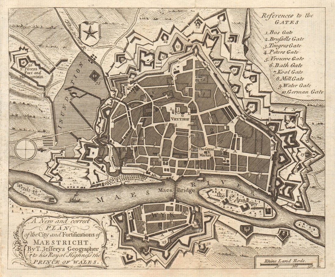 Plan of the city and fortifications of Maestricht. Maastricht. JEFFERYS 1748 map: Title: Plan of the city and fortifications of Maestricht. Maastricht. JEFFERYS 1748 map Description: A new and correct plan of the city and fortifications of Maestricht, by T. Jefferys, Geographer to