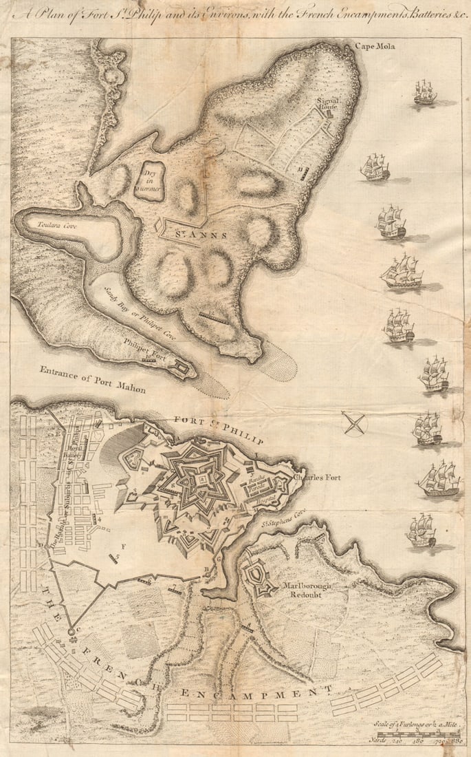 A plan of Fort St. Philip, Mahon, Menorca. French siege. GENTS MAG 1756 map: Title: A plan of Fort St. Philip, Mahon, Menorca. French siege. GENTS MAG 1756 map Description: A plan of Fort St. Philip and its environs with the French Encampments, Batteries &c.' by Unattribut