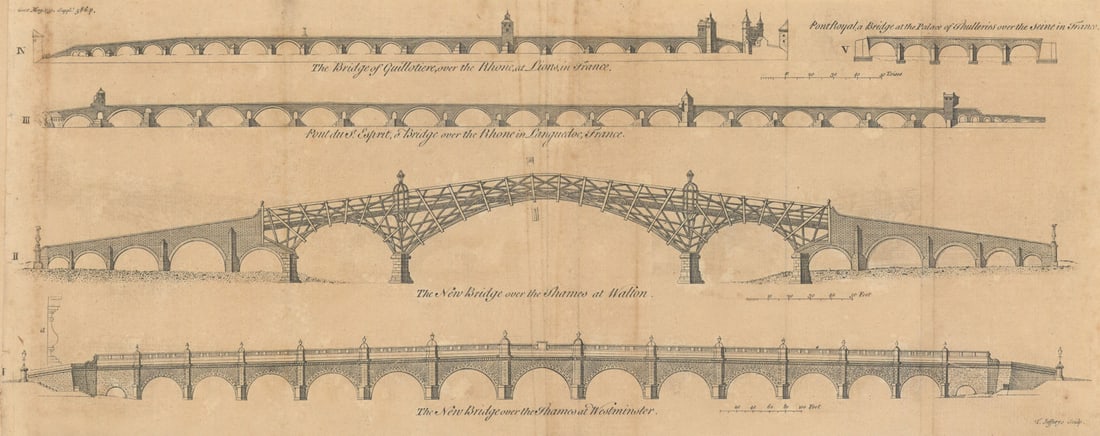 Pont-St-Esprit. Guillotière Lyons. Royal Paris. Walton & Westminster Bridge 1750 (1 of 1)