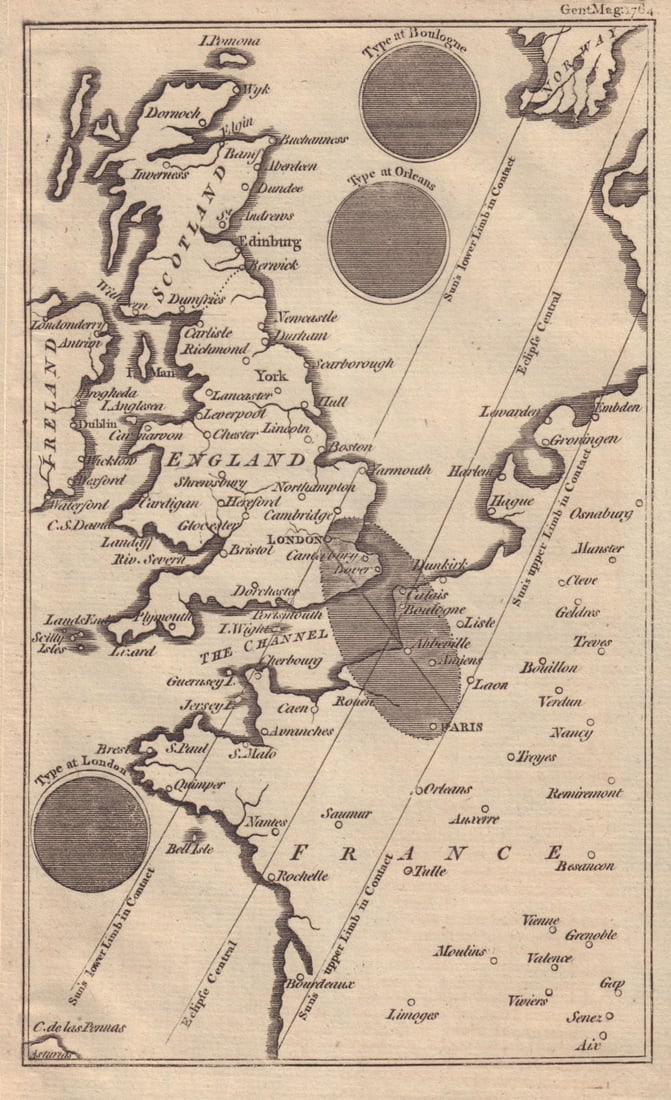The Solar eclipse of 1 April 1764 across England & France. GENTS MAG 1764 map (1 of 1)