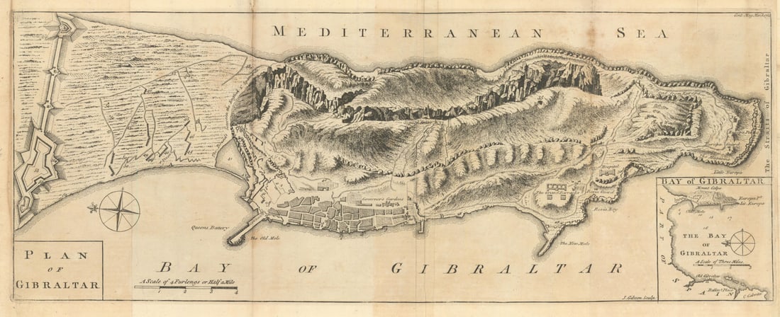Plan of Gibraltar by John Gibson. Gentleman's Magazine 1762 old antique map: Title: Plan of Gibraltar by John Gibson. Gentleman's Magazine 1762 old antique map Description: Plan of Gibraltar. Bay of Gibraltar'. J. Gibson sculp. Published 1762. Antique copperplate map. A copy