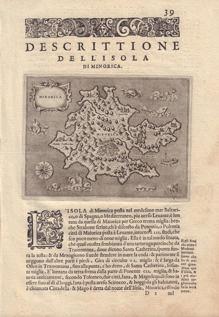 Descrittione dell' Isola di Minorica. PORCACCHI. Minorca Menorca 1590 old map (1 of 1)