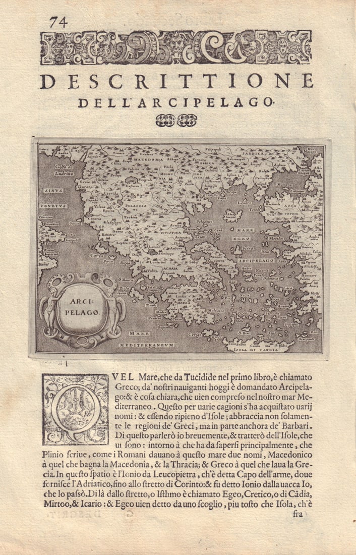 Descrittione dell' Arcipelago. PORCACCHI. Greece & Aegean 1590 old antique map (1 of 1)