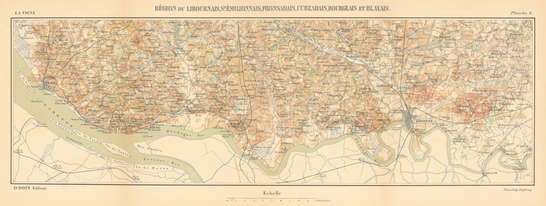 Bordeaux Right Bank wine map. Libourne Saint-Émilion Bourg Blaye HAUSERMANN 1901: Title: Bordeaux Right Bank wine map. Libourne Saint-Émilion Bourg Blaye HAUSERMANN 1901 Description: Région du Libournais, Saint-Émilionnais, Fronsadais, Cubzadais, Bourgeais et