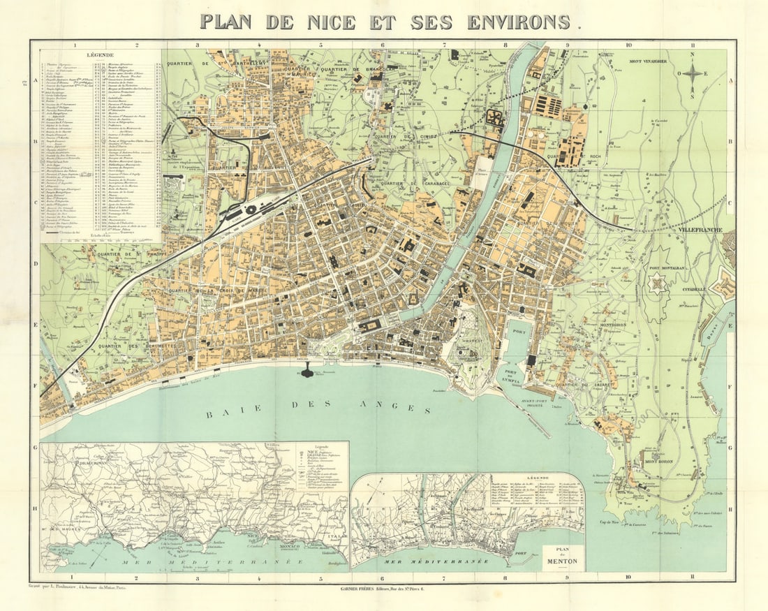 Plan de Nice et ses Environs. City plan by Garnier Frères/Poulmaire c1908 map (1 of 1)