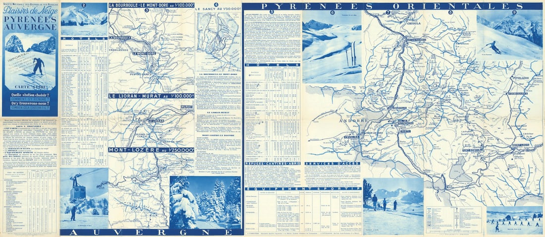 SNCF Plaisirs de Neige Pyrénées Auvergne Ski resorts map 1938 old vintage: Title: SNCF Plaisirs de Neige Pyrénées Auvergne Ski resorts map 1938 old vintage Description: Plaisirs de Neige - Pyrenées Auvergne'. Copyright J. Barreau et Cie.. Published 1938. Mid 2