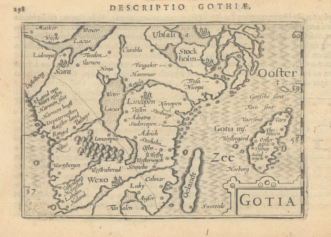 Gothiae / Gotia by Bertius / Langenes. Götaland, Southern Sweden 1603 old map: Title: Gothiae / Gotia by Bertius / Langenes. Götaland, Southern Sweden 1603 old map Description: Descriptio Gothiae / Gotia [Götaland, Southern Sweden]. Drawn by Petrus Bertius, from his La