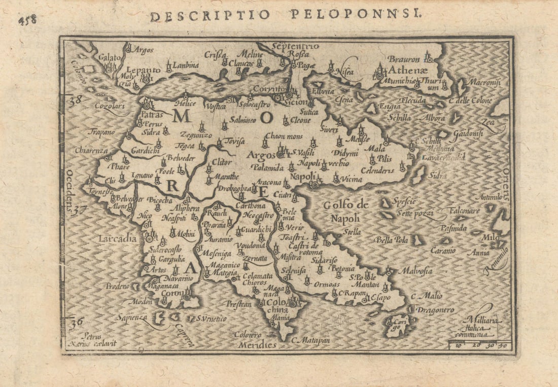 Peloponnsi / Morea by Bertius / Langenes. The Peloponnese, Greece 1603 old map: Title: Peloponnsi / Morea by Bertius / Langenes. The Peloponnese, Greece 1603 old map Description: Descriptio Peloponnsi / Morea [The Peloponnese]. Drawn by Petrus Bertius, from his Latin edition of