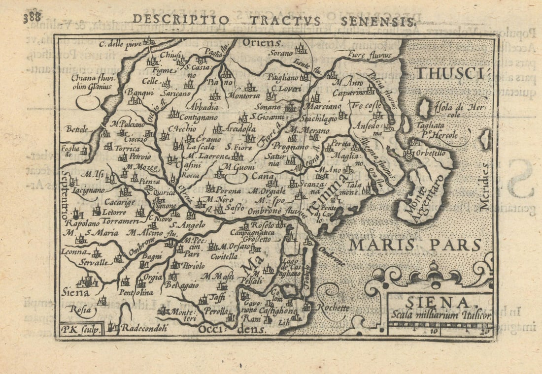 Tractus Senensis / Siena by Bertius / Langenes. Tuscany 1603 old antique map: Title: Tractus Senensis / Siena by Bertius / Langenes. Tuscany 1603 old antique map Description: Descriptio Tractus Senensis / Siena [The Siena Region; part of Tuscany]. The map is orientated to the e
