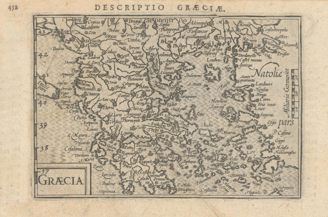 Graeciae / Graecia by Bertius / Langenes. Greece & the Aegean 1603 old map: Title: Graeciae / Graecia by Bertius / Langenes. Greece & the Aegean 1603 old map Description: Descriptio Graeciae / Graecia [Greece]. Drawn by Petrus Bertius, from his Latin edition of Barent Langene