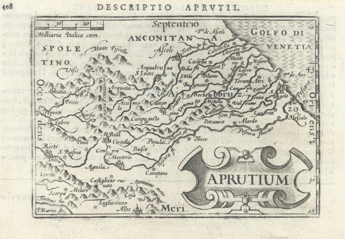 Aprutii / Aprutium by Bertius / Langenes. Abruzzo, Italy 1603 old antique map: Title: Aprutii / Aprutium by Bertius / Langenes. Abruzzo, Italy 1603 old antique map Description: Descriptio Aprutii / Aprutium [Abruzzo]. Drawn by Petrus Bertius, from his Latin edition of Barent Lan