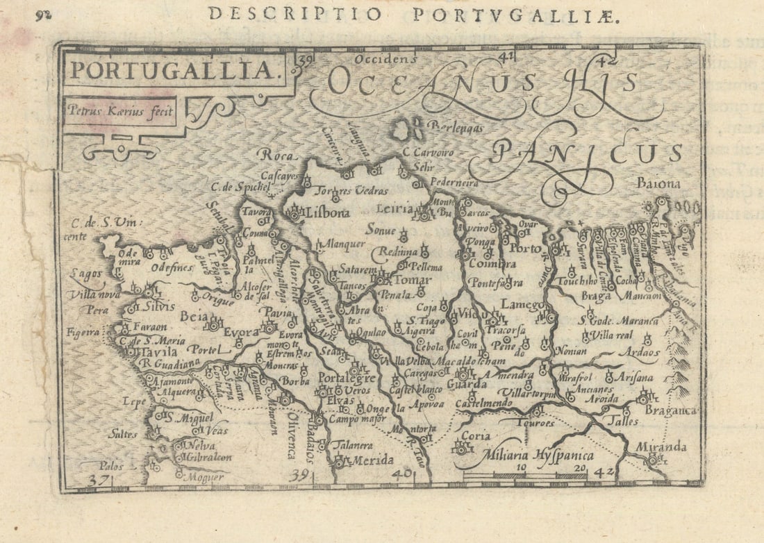 Portugalliae / Portugallia by Bertius / Langenes. Portugal 1603 old map: Title: Portugalliae / Portugallia by Bertius / Langenes. Portugal 1603 old map Description: Descriptio Portugalliae / Portugallia [Portugal]. The map is orientated to the west . Drawn by Petrus Bertiu