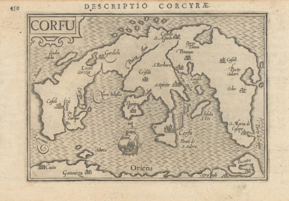 Corcyrae / Corfu by Bertius / Langenes 1603 old antique vintage map plan chart (1 of 1)