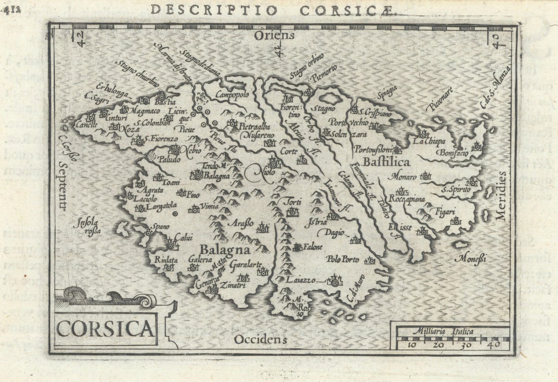 Corsicae / Corsica by Bertius / Langenes 1603 old antique map plan chart: Title: Corsicae / Corsica by Bertius / Langenes 1603 old antique map plan chart Description: Descriptio Corsicae / Corsica'. The map is orientated to the east . Drawn by Petrus Bertius, from his