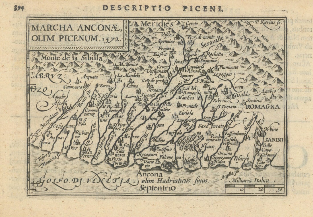 Marcha Anconae, olim Picenum by Bertius / Langenes. Marche. Ancona 1603 map: Title: Marcha Anconae, olim Picenum by Bertius / Langenes. Marche. Ancona 1603 map Description: Descriptio Piceni / Marcha Anconae, olim Picenum [Marche, the March of Ancona]. The map is orientated