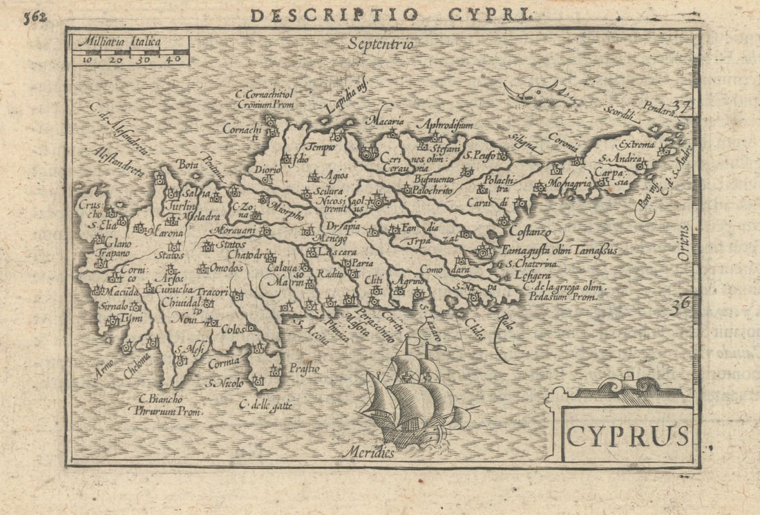 Descriptio Cypri / Cyprus by Bertius / Langenes 1603 old antique map chart: Title: Descriptio Cypri / Cyprus by Bertius / Langenes 1603 old antique map chart Description: Descriptio Cypri / Cyprus'. Drawn by Petrus Bertius, from his Latin edition of Barent Langenes' Caert Thr