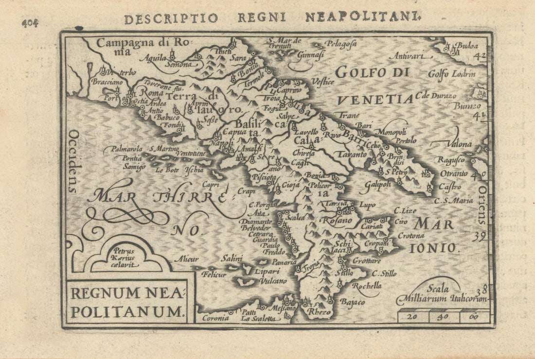Regnum Neapolitanum by Bertius / Langenes. Southern Italy 1603 old antique map: Title: Regnum Neapolitanum by Bertius / Langenes. Southern Italy 1603 old antique map Description: Descriptio Regni Neapolitani / Regnum Neapolitanum [The Kingdom of Naples, Southern Italy]. Drawn by 