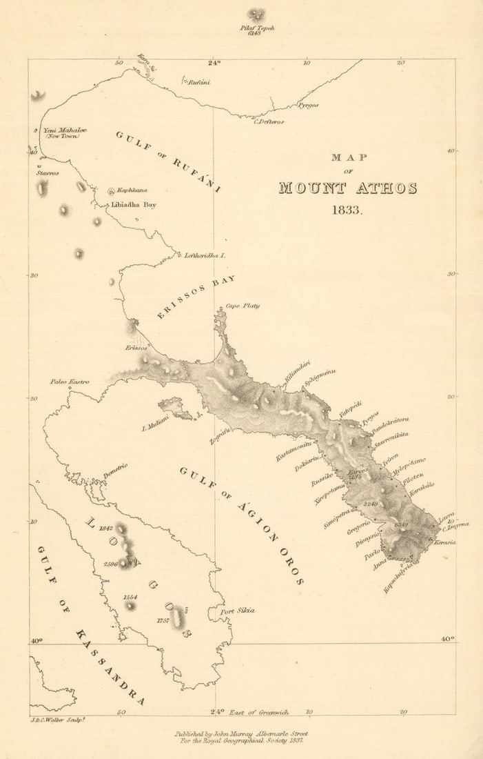 Map of Mount Athos showing the monasteries by Lt Webber Smith. RGS 1837: Title: Map of Mount Athos showing the monasteries by Lt Webber Smith. RGS 1837 Description: Map of Mount Athos'. This map, published in the Journal of the Royal Geographical Society, documents the exp