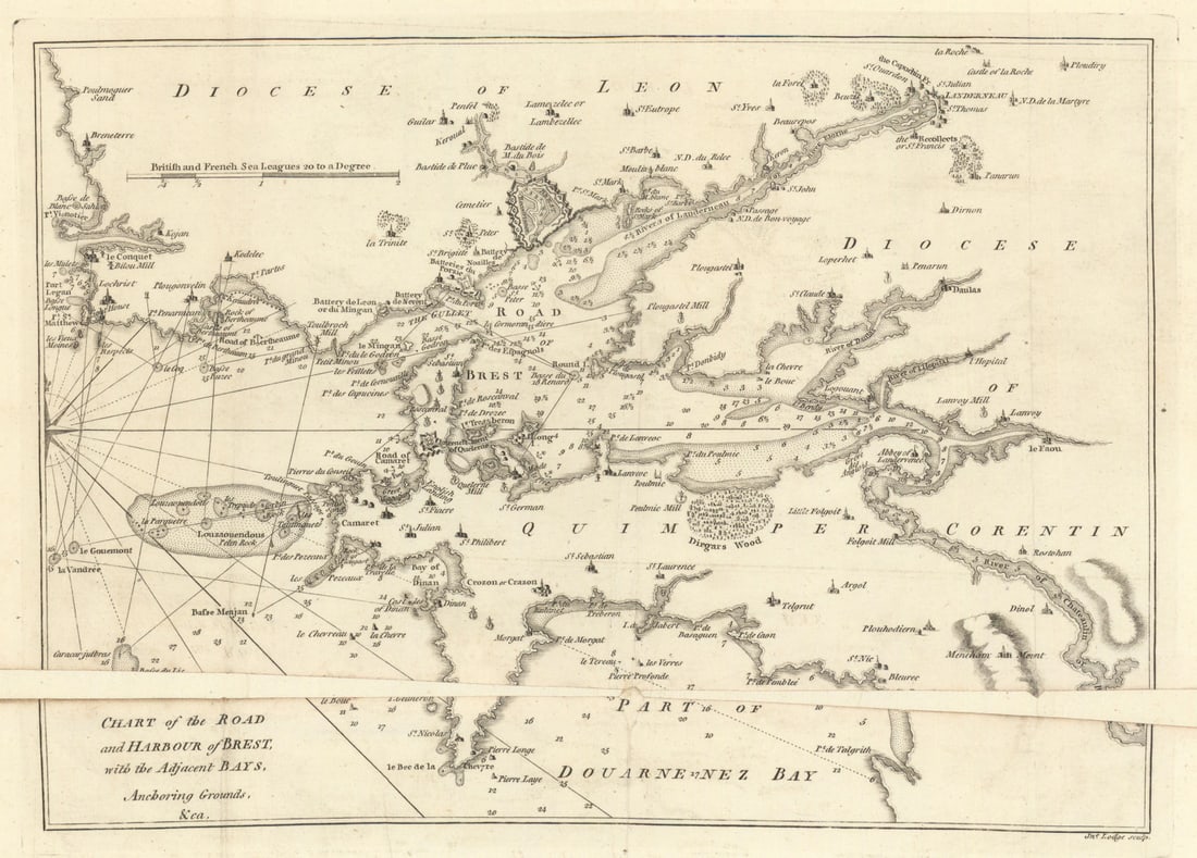 Chart of the Road and Harbour of Brest… by John Lodge 1780 old antique map (1 of 1)
