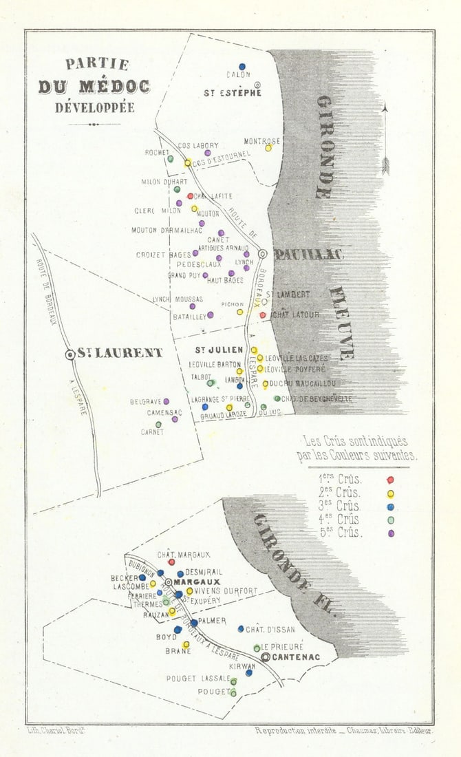 Partie du Médoc Développée. 1855 Classification. Gironde Bordeaux wine map 1871: Title: Partie du Médoc Développée. 1855 Classification. Gironde Bordeaux wine map 1871 Description: Partie du Médoc Développée'. The map shows the location and
