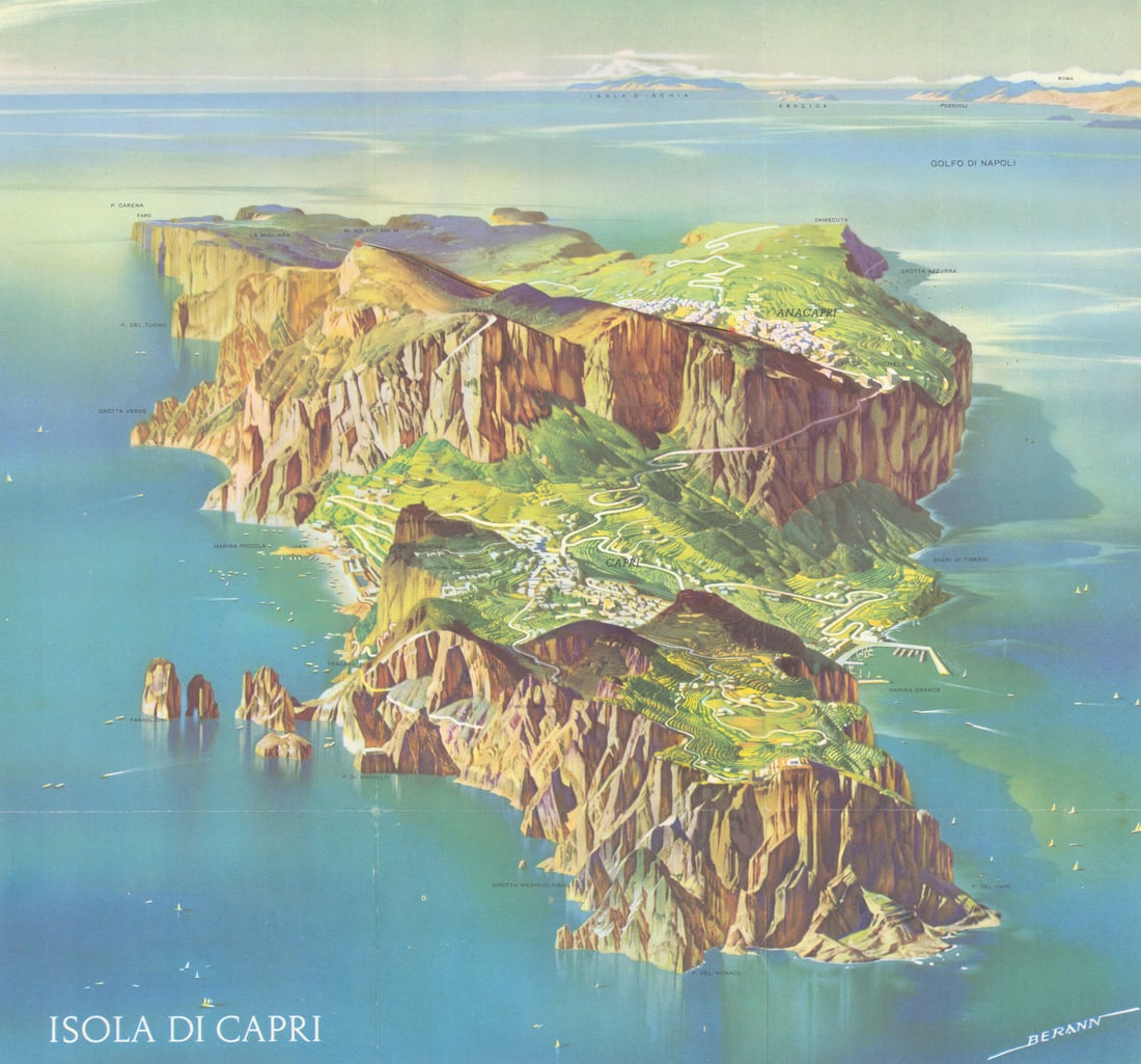 Isola di Capri panoramic bird's eye view tourist map by Heinrich Berann c1950 (1 of 1)