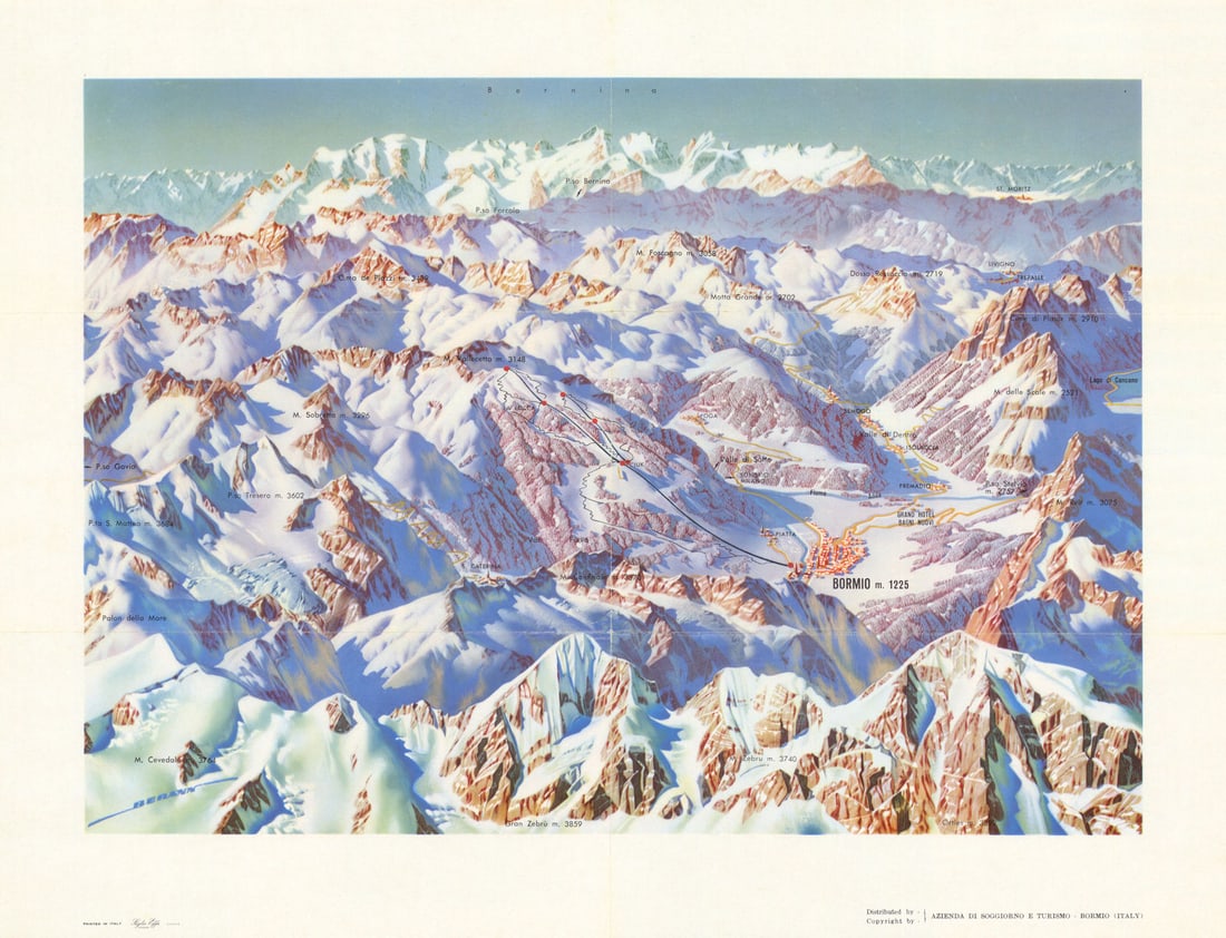 Bormio mountain panorama & ski piste/trail map. Heinrich Berann c1960 old (1 of 1)
