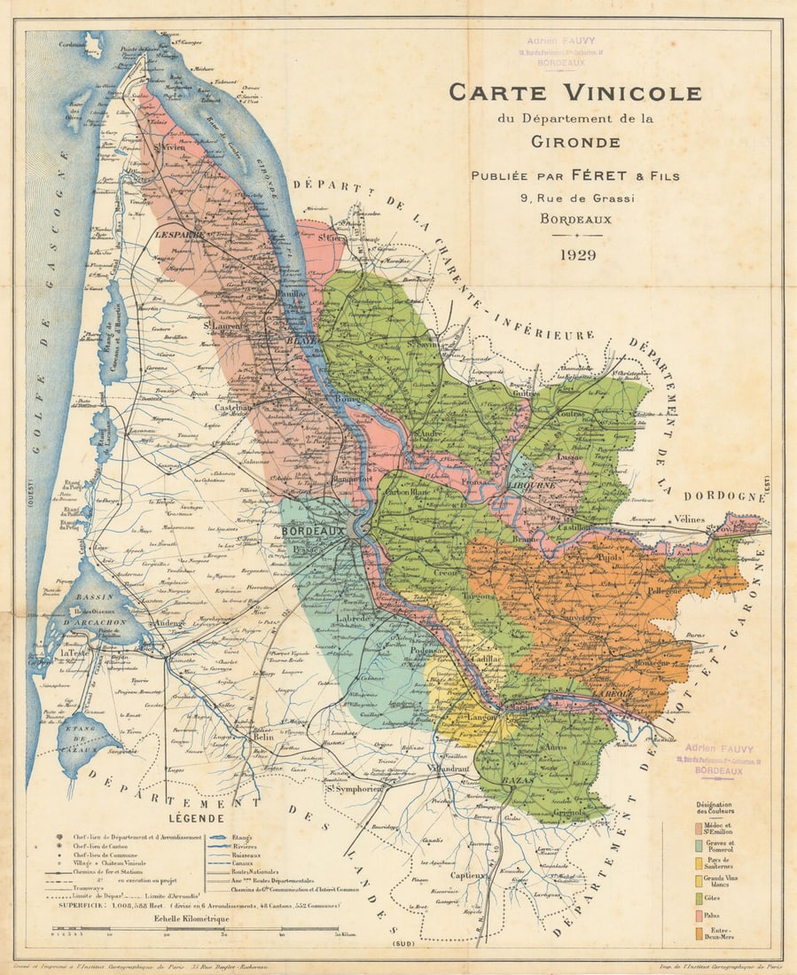 Carte Vinicole du Département de la Gironde. Bordeaux Wine. FERET 1929 old map: Title: Carte Vinicole du Département de la Gironde. Bordeaux Wine. FERET 1929 old map Description: Carte Vinicole du Département de la Gironde' by Feret et Fils. Published 1929. Antique