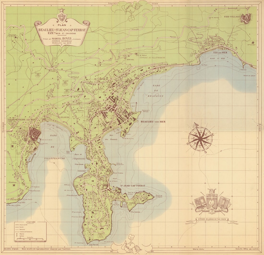 Plan Touristique de Beaulieu-sur-Mer, Saint-Jean-Cap-Ferrat & Èze 1949 old map (1 of 1)