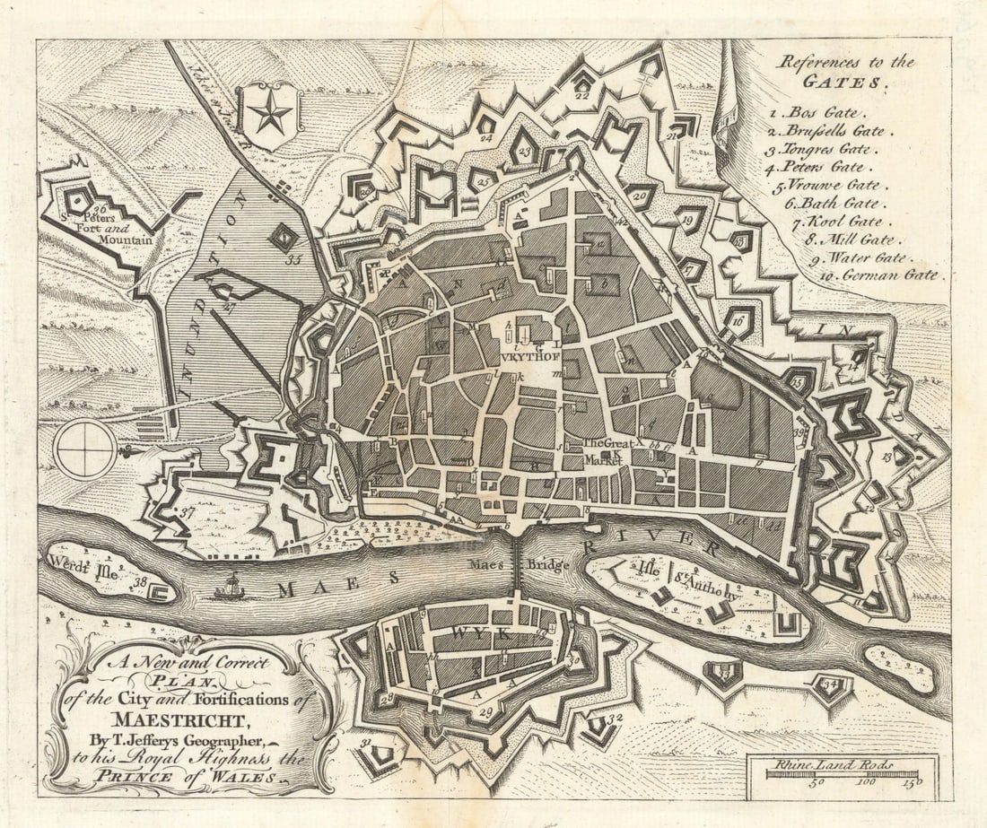 Plan of the city and fortifications of Maestricht. Maastricht. JEFFERYS 1748 map: Title: Plan of the city and fortifications of Maestricht. Maastricht. JEFFERYS 1748 map Description: A new and correct plan of the city and fortifications of Maestricht, by T. Jefferys, Geographer to