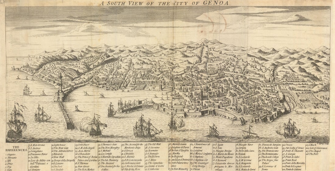 A South View of the City of Genoa. Italy. JEFFERYS / Gent's Mag 1747 old map: Title: A South View of the City of Genoa. Italy. JEFFERYS / Gent's Mag 1747 old map Description: A South View of the City of Genoa'. T. Jefferys sculp. Published 1747. Antique copperplate map. Size 20