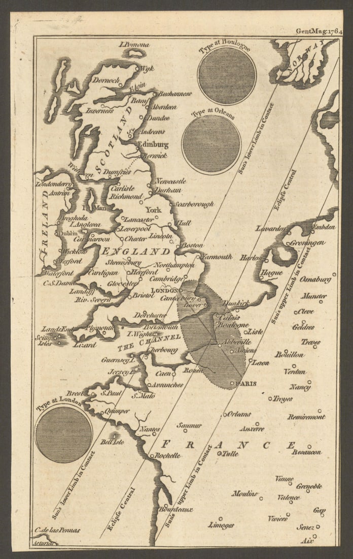 The Solar eclipse of 1 April 1764 across England & France. Gent's Mag 1764 map (1 of 1)