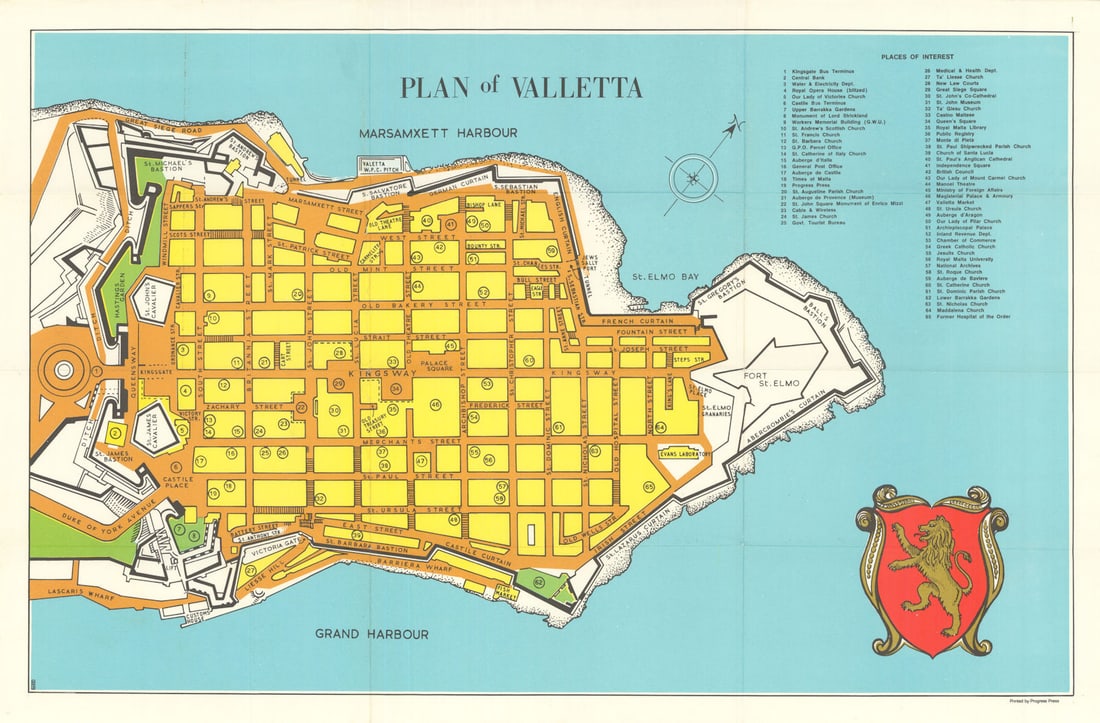 Colourful tourist city plan of Valletta, Malta c1960 old vintage map chart (1 of 1)