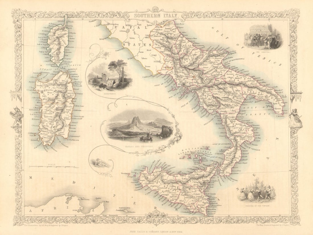 SOUTHERN ITALY. Naples/Vesuvius. Sicily Sardinia Corsica.TALLIS/RAPKIN 1851 map: Title: SOUTHERN ITALY. Naples/Vesuvius. Sicily Sardinia Corsica.TALLIS/RAPKIN 1851 map Description: Southern Italy'. Naples, Sicily, Corsica & Sardinia. Vignettes: Benevento; The Carnival; Naples