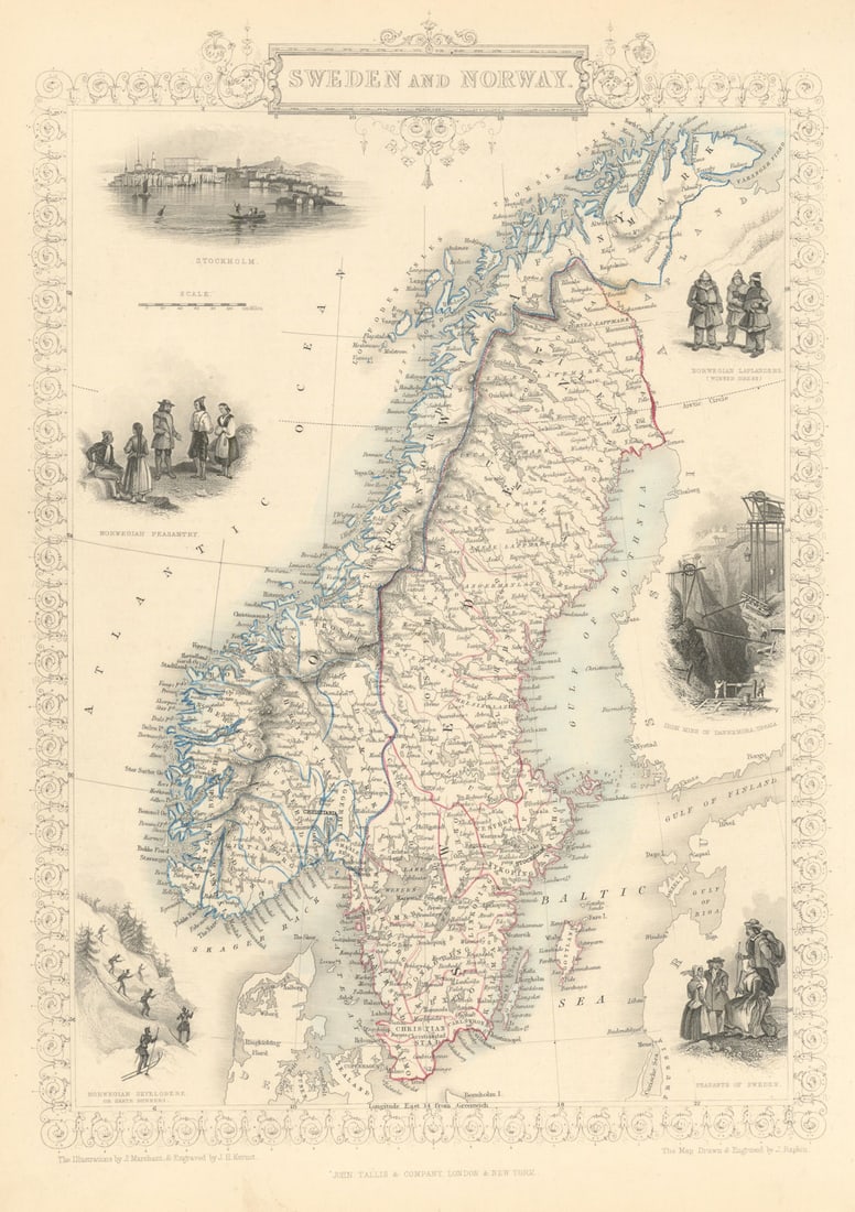 SWEDEN & NORWAY. Scandinavia.Norwegian army ski regiment.TALLIS/RAPKIN 1851 map: Title: SWEDEN & NORWAY. Scandinavia.Norwegian army ski regiment.TALLIS/RAPKIN 1851 map Description: Sweden and Norway'. The vignette view in the lower left shows an army regiment of the Norway Skiel&#