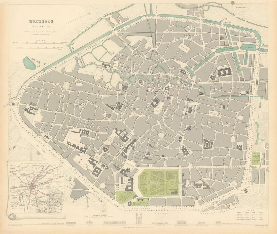 BRUSSELS BRUXELLES BRUSSEL. Antique town city map plan.Inset environs.SDUK 1844 (1 of 1)