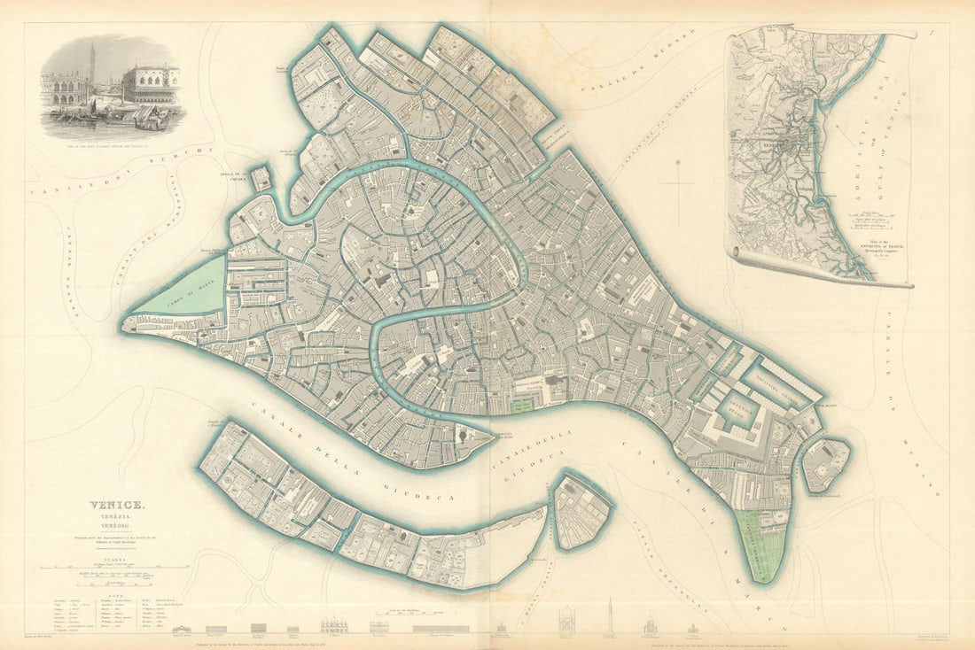 VENICE VENEZIA VENEDIG. Antique town city map plan. Environs. LARGE. SDUK 1844 (1 of 1)