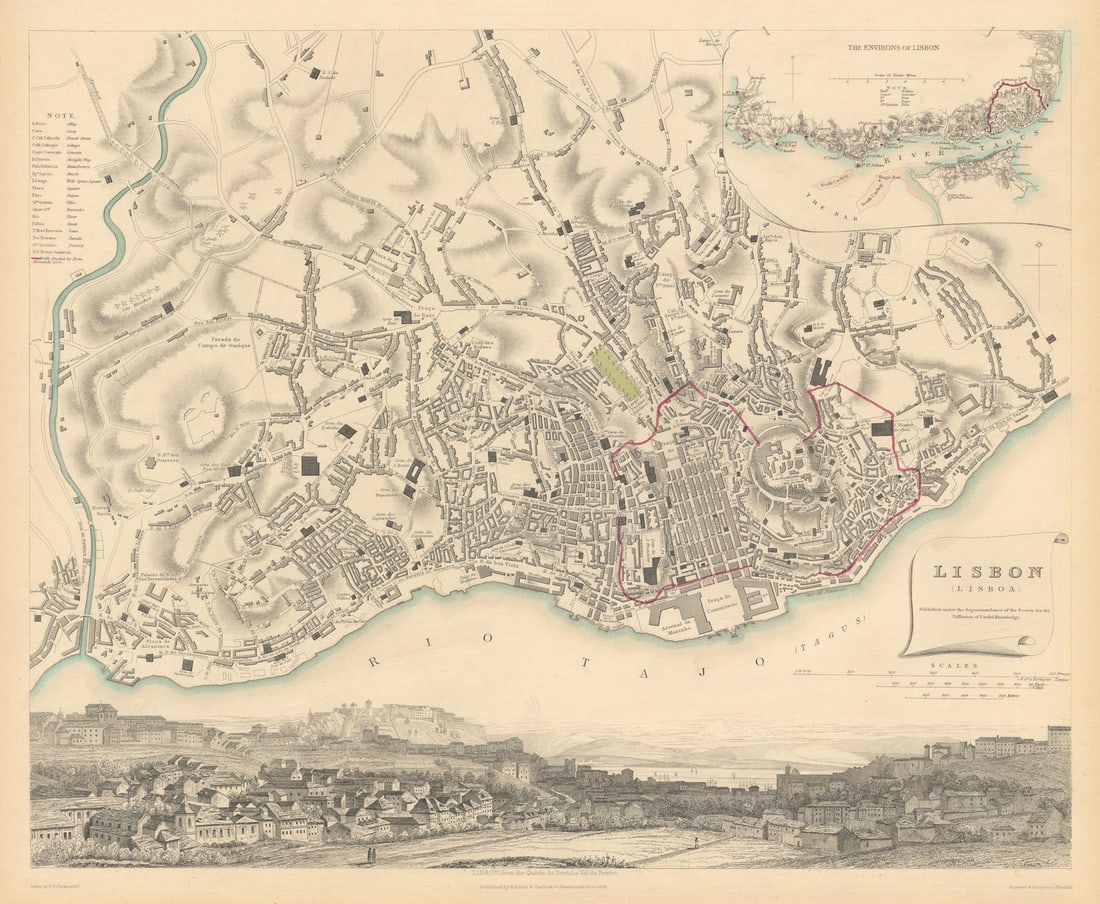 LISBON LISBOA. Antique town city map plan. Inset environs. Panorama. SDUK 1844: Title: LISBON LISBOA. Antique town city map plan. Inset environs. Panorama. SDUK 1844 Description: LISBON (LISBOA); inset environs of Lisbon' by S.D.U.K. - Society for the Diffusion of Useful Knowledg