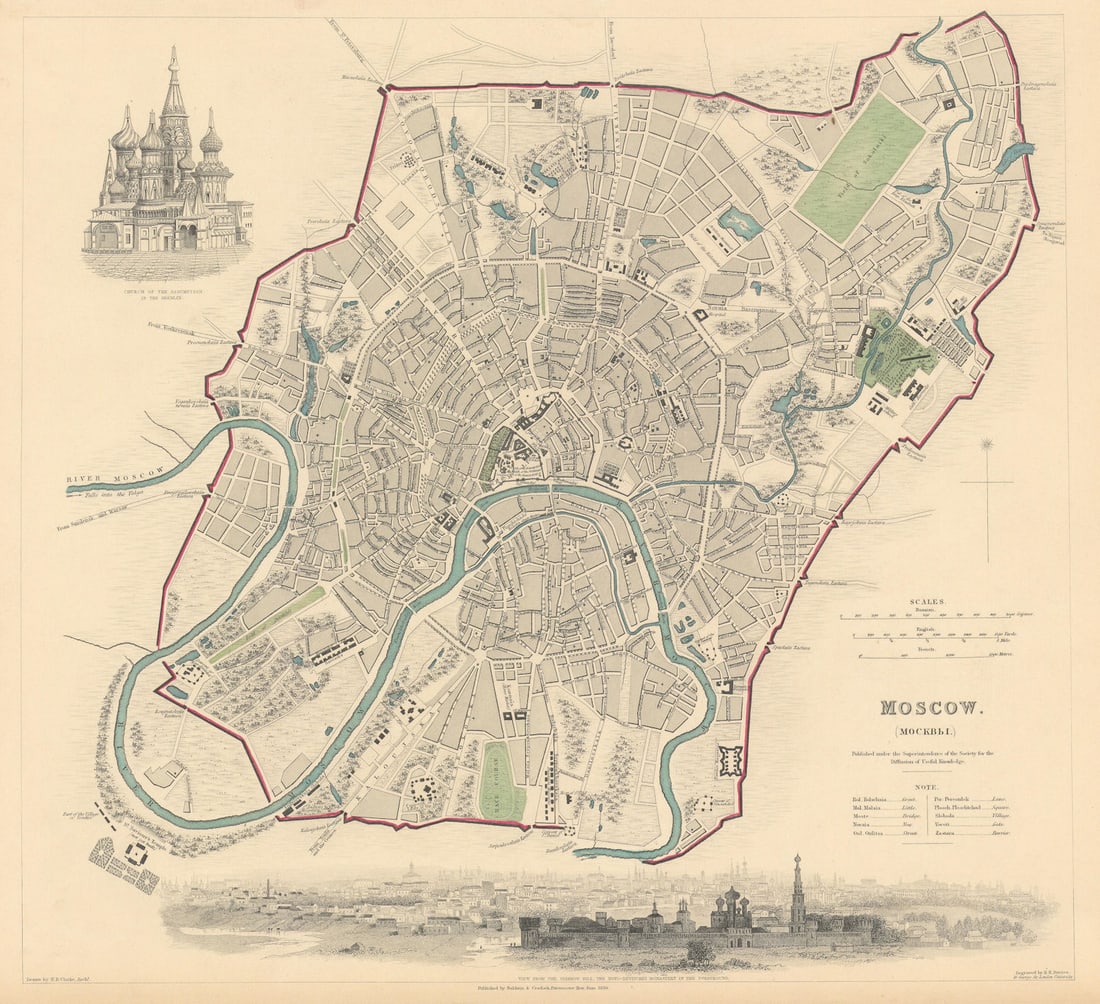 MOSCOW MOSKAU Москва. Antique town city map plan & panorama.: Title: MOSCOW MOSKAU Москва. Antique town city map plan & panorama. SDUK 1844 old Description: MOSCOW' by S.D.U.K. - Society for the Diffusion of Useful Knowledge.