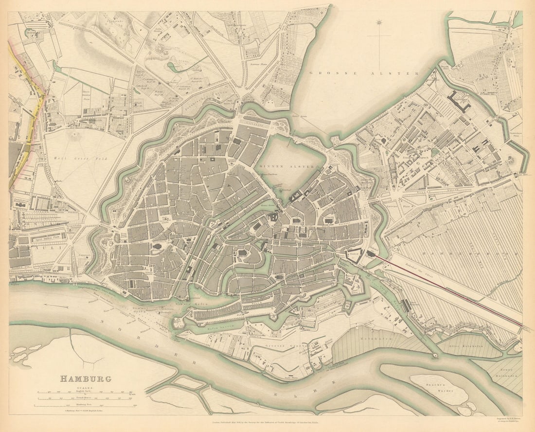 HAMBURG. Antique town city map plan. SDUK 1844 old chart (1 of 1)