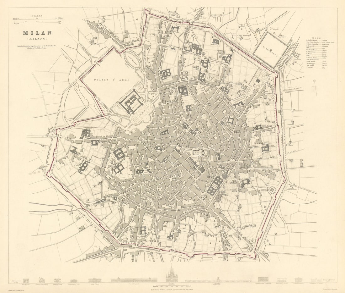 MILAN MILANO. Antique town city map plan. Main buildings profiles. SDUK 1844: Title: MILAN MILANO. Antique town city map plan. Main buildings profiles. SDUK 1844 Description: MILAN (MILANO)' by S.D.U.K. - Society for the Diffusion of Useful Knowledge. Published 1844 - This map 