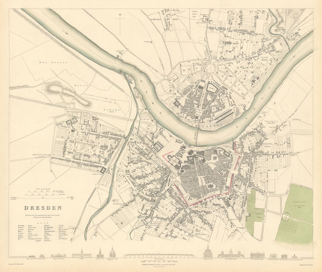DRESDEN. Antique town city map plan. Original colour. SDUK 1844 old (1 of 1)