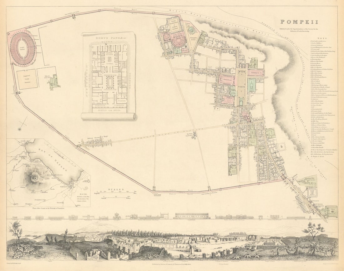 POMPEII. Antique town city map & panorama. Domus Pansae;Bay of Naples.SDUK 1844 (1 of 1)