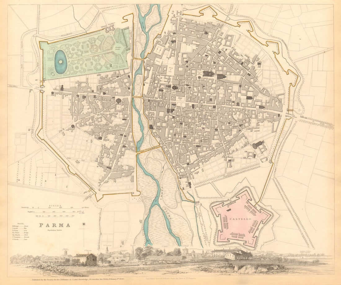 PARMA. Antique town city map plan & panorama. Parme. SDUK 1844 old: Title: PARMA. Antique town city map plan & panorama. Parme. SDUK 1844 old Description: PARMA.' by S.D.U.K. - Society for the Diffusion of Useful Knowledge. Published 1844 - This map was originally pub