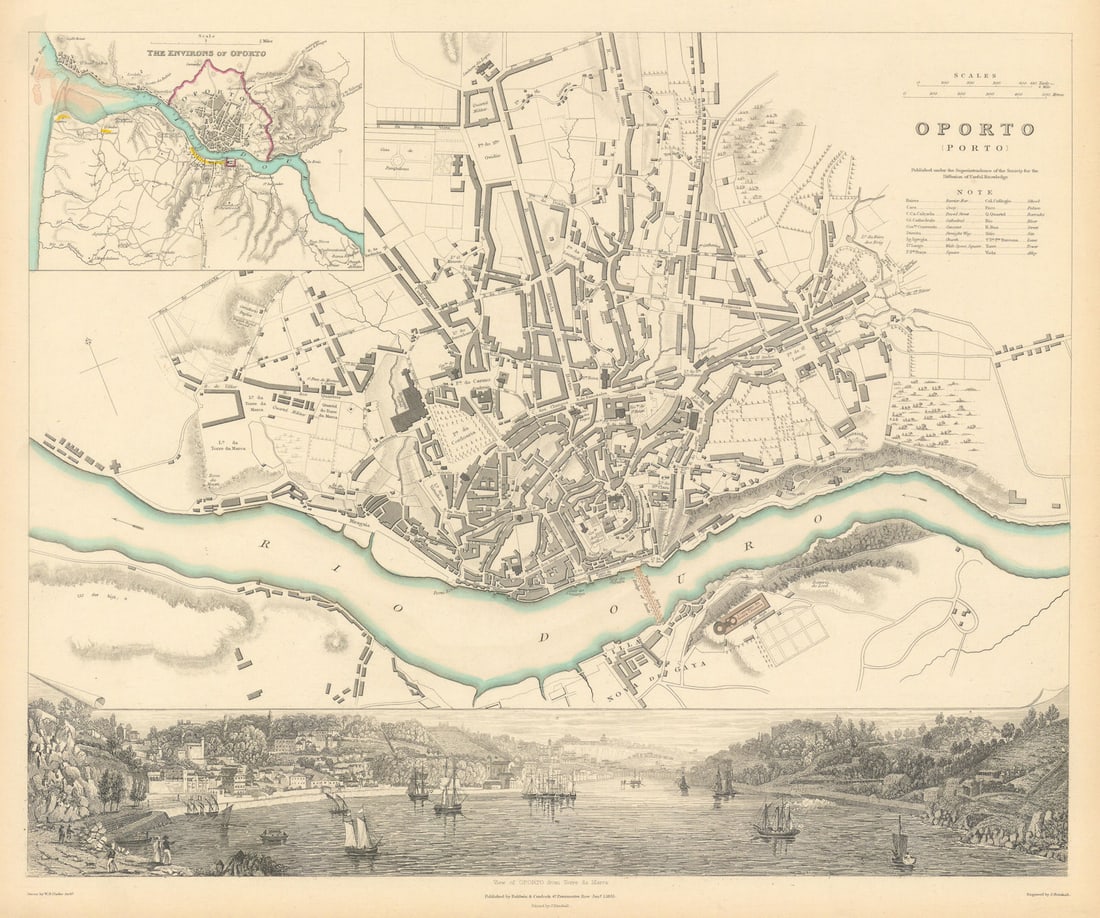 OPORTO PORTO. Antique town city map plan & panorama. Inset environs. SDUK 1844 (1 of 1)