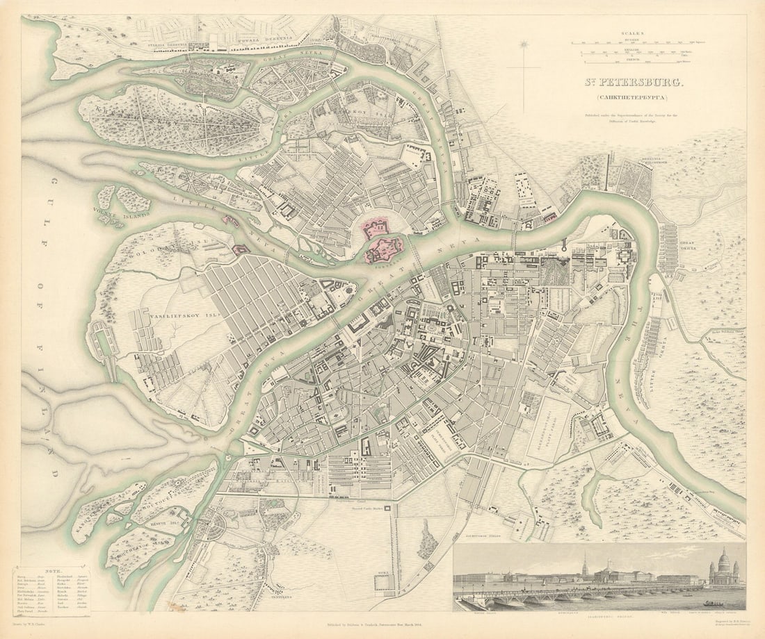 ST PETERSBURG Санкт-Петербу: Title: ST PETERSBURG Санкт-Петербург. Antique town city map plan. Panorama. SDUK 1844 Description: ST PETERSBURG' by