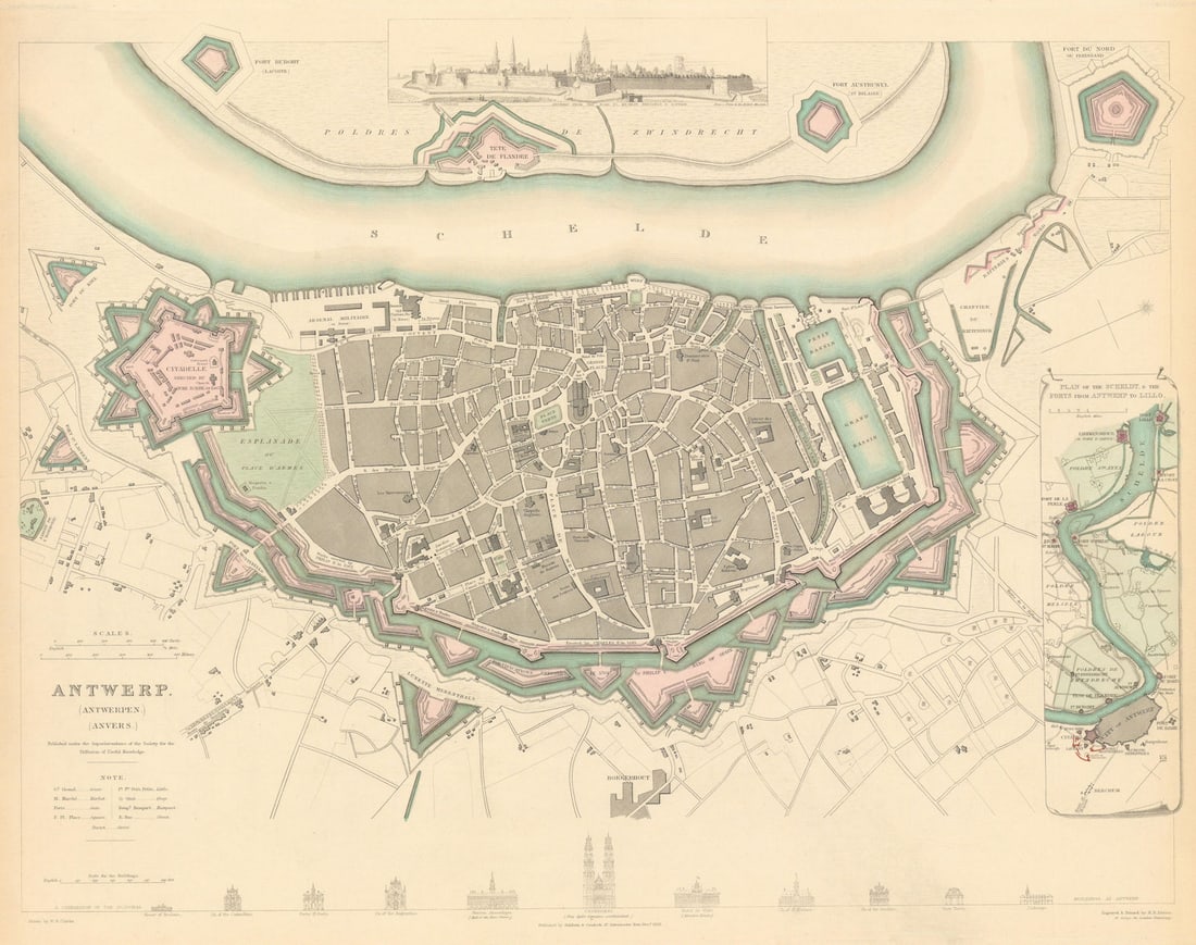 ANTWERP ANTWERPEN ANVERS. Town city map. Schelde forts Lillo. SDUK 1844: Title: ANTWERP ANTWERPEN ANVERS. Town city map. Schelde forts Lillo. SDUK 1844 Description: ANTWERP (ANTWERPEN) (ANVERS); inset plan of the Schelde and forts from Antwerp to Lillo' by S.D.U.K. - Socie