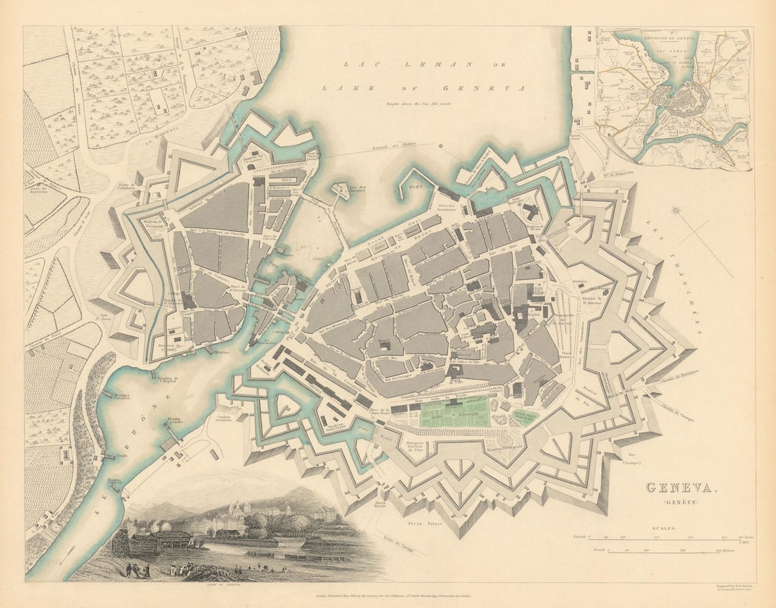 GENEVA GENÈVE GENEVE GENF. Antique town city map plan & environs. SDUK 1844 (1 of 1)
