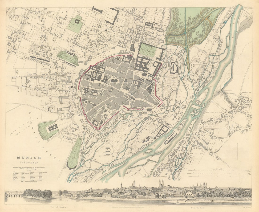 MUNICH MÜNCHEN MUNCHEN. Antique town city map plan & panorama. SDUK 1844 (1 of 1)