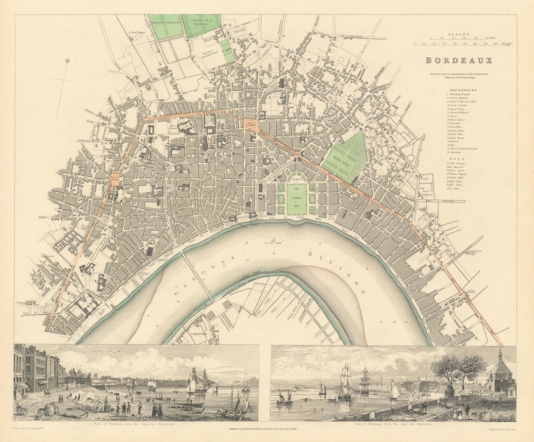 BORDEAUX. Antique town city map plan. Inset Quai Salinieres Chartrons.SDUK 1844: Title: BORDEAUX. Antique town city map plan. Inset Quai Salinieres Chartrons.SDUK 1844 Description: BORDEAUX' by S.D.U.K. - Society for the Diffusion of Useful Knowledge. Published 1844 - This map